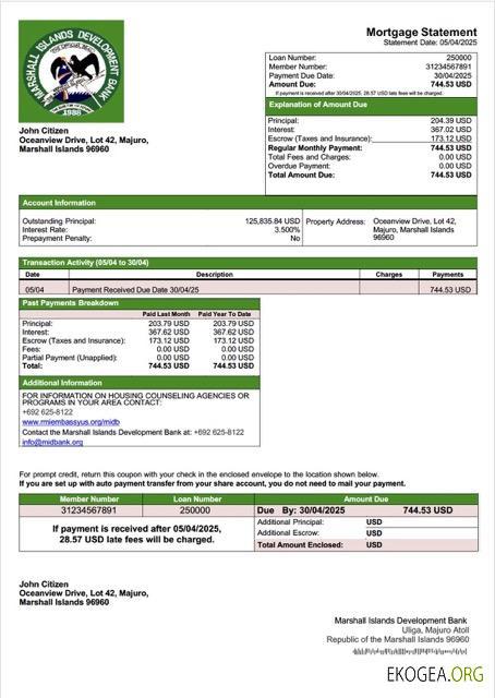 Modèle Word et PDF de relevé hypothécaire de la Banque de développement des Îles Marshall